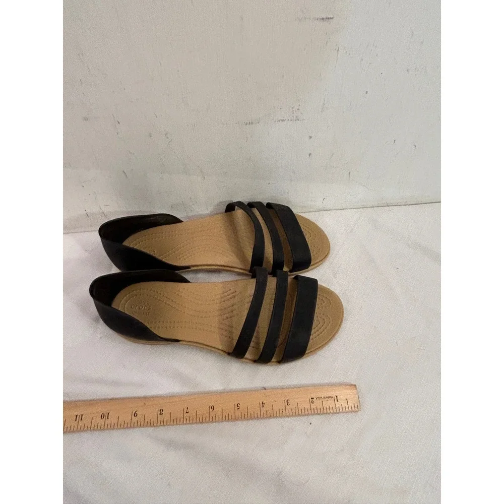Crocs Tulum Open Toe Sandals Size 9 Black Tan Strappy Comfort Womens